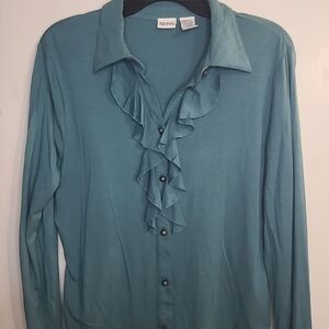 Together Ruffle Front Button Down Blouse Women’s Size 12 Teal Long Sleeve